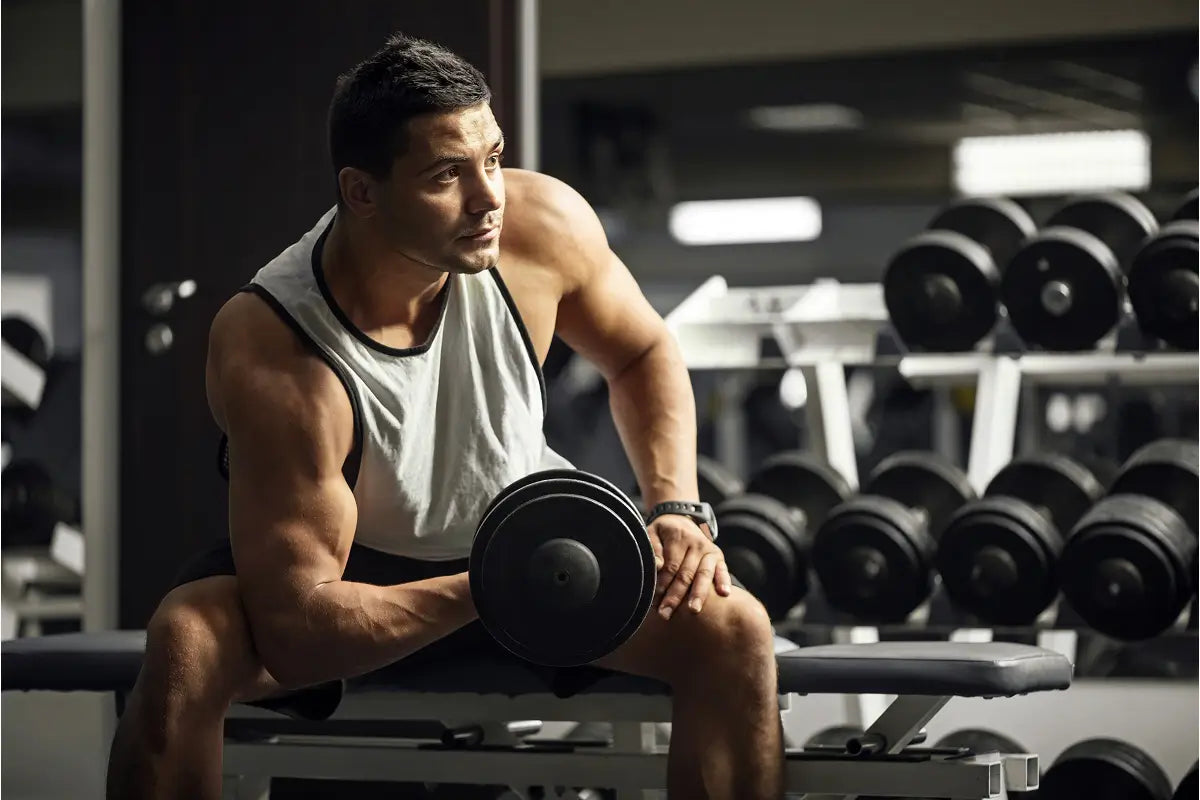 Man resting with dumbbell during gym workout