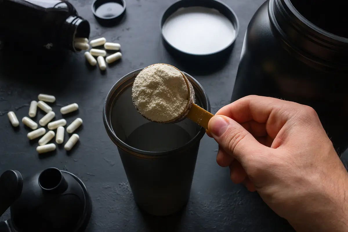 Hand scooping protein powder into a shaker cup